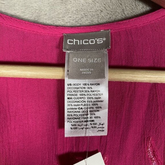 CHICOS Ruana Wrap Floral Embroidered Berry Pink Fringe Bohemian Vacation Beach - Picture 5 of 11